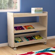 FLASH FURNITURE Bright Beginnings Commercial Space Saving Wooden Mobile Classroom Storage Cart, 3 Angled Shelves, Locking Caster Wheels, Kid Friendly Design, Natural MK-ME13705-GG